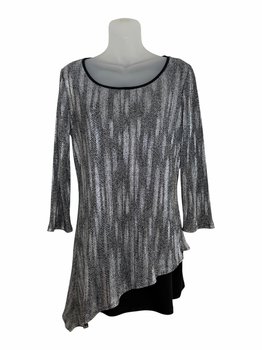 Frank Lyman Disco Metallic Silver Black Asymmetric Party Top Size 13 NYE Sparkle